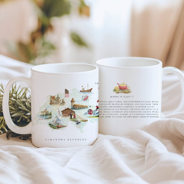 Caneca De Café Mapa da Suíça Ilustrado com Aquarela | Monograma (Criador carregado)
