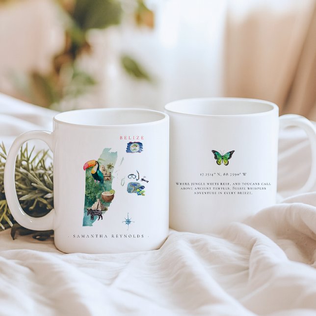 Caneca De Café Mapa de Belize Ilustrado com Aquarela | Monograma (Criador carregado)
