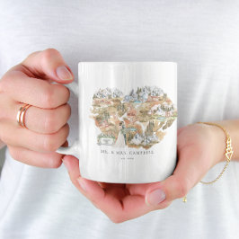Caneca De Café Mapa de Casamento Aquarela | Recém-Casados Monogra