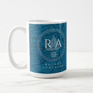 Caneca De Café Mapa de Monograma de Corda Náutica Azul