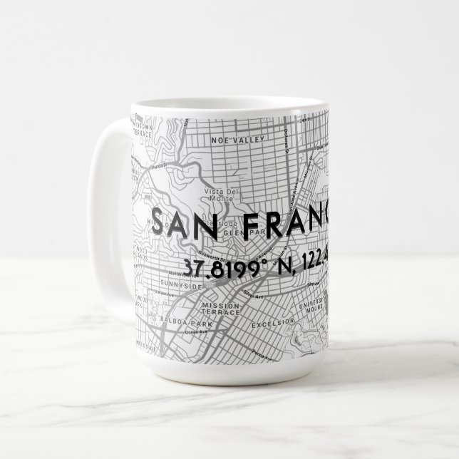 Caneca De Café Mapa de São Francisco Preto e Branco com Coordenad (Frente Esquerda)