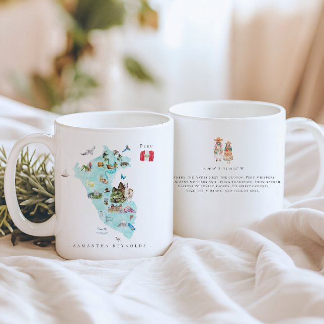 Caneca De Café Mapa do Peru Ilustrado à Aguarela | Monograma (Criador carregado)