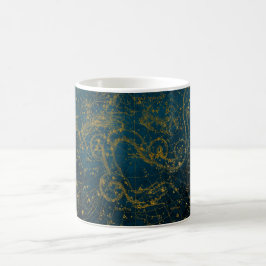 Caneca De Café Mapa Estelar Vintage Ilustrado Azul Escuro e Doura