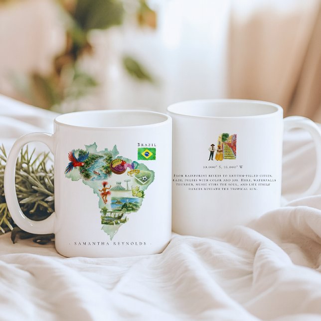 Caneca De Café Mapa Ilustrado à Aguarela Brasil | Monograma (Criador carregado)