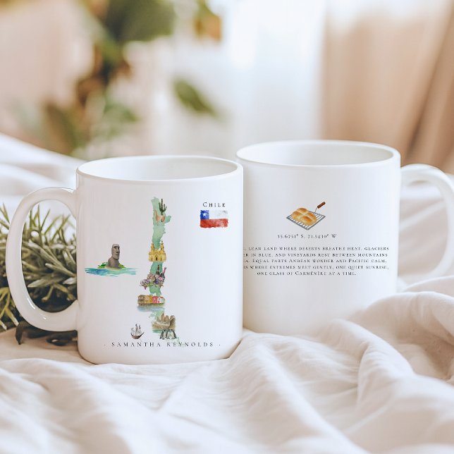 Caneca De Café Mapa Ilustrado à Aguarela Chile | Monograma (Criador carregado)