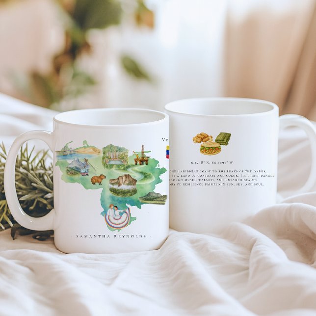 Caneca De Café Mapa Ilustrado a Aquarela da Venezuela | Monograma (Criador carregado)