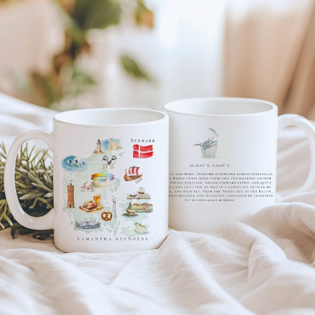 Caneca De Café Mapa Ilustrado da Dinamarca a Aquarela | Monograma (Criador carregado)
