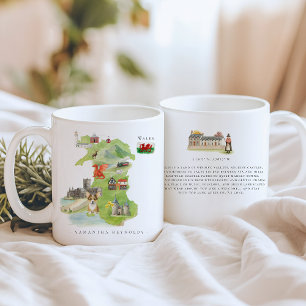 Caneca De Café Mapa Ilustrado da Gales em Aquarela Monograma