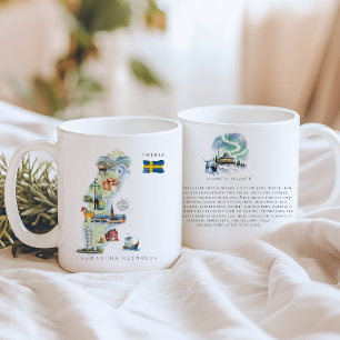 Caneca De Café Mapa Ilustrado da Suécia em Aquarela   Monograma
