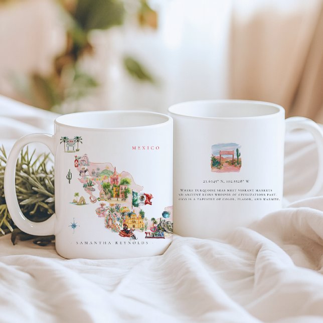 Caneca De Café Mapa Ilustrado de Aquarela do México | Monograma (Criador carregado)