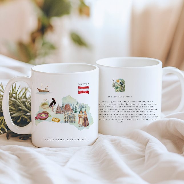 Caneca De Café Mapa Ilustrado de Aquarela Letônia | Monograma (Criador carregado)