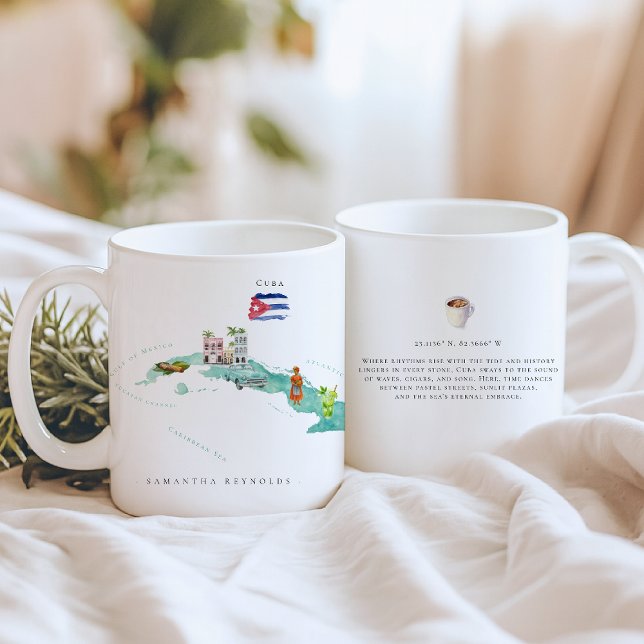 Caneca De Café Mapa Ilustrado de Cuba em Aquarela | Monograma (Criador carregado)