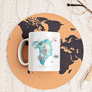 Caneca De Café Mapa Ilustrado em Aquarela da Groenlândia Monogr