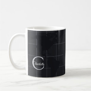 Caneca De Café Mapa Mundi Moderno em Cinza Carvão com Inicial Per