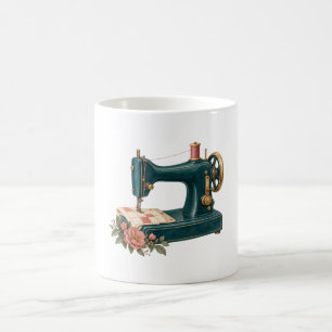 Caneca De Café Máquina de Costura Azul Turquesa Vintage com Flora