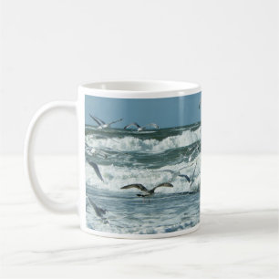 Caneca De Café Mar, Surf, Gaivotas Voando, Ondas