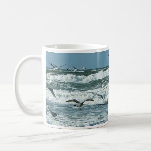 Caneca De Café Mar, Surf, Gaivotas Voando, Ondas (Esquerda)