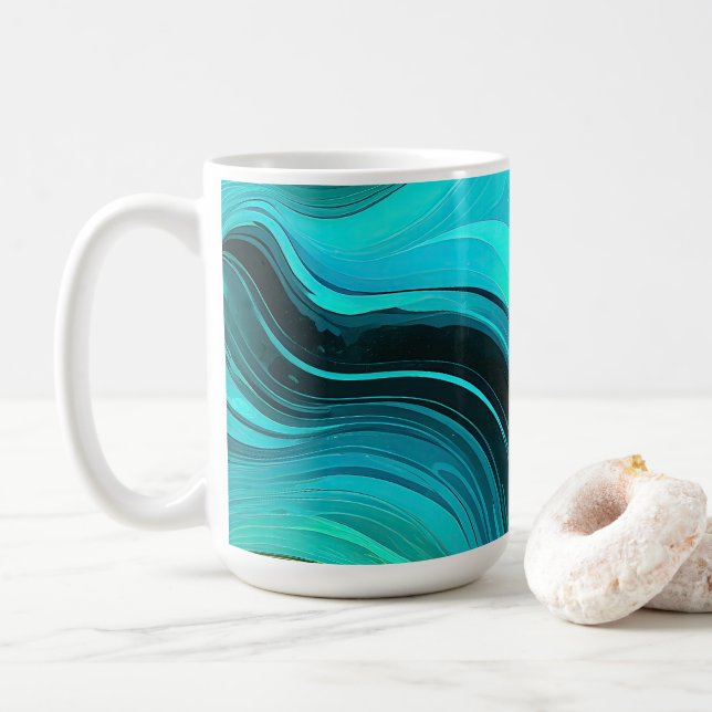 Caneca De Café "Marbella" Blue Yellow Swirings Waves (Com Donut)