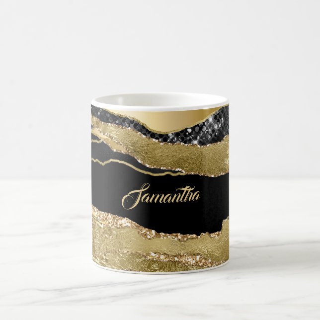 Caneca De Café Marble black gold agate glitter name tufado chic (Centro)