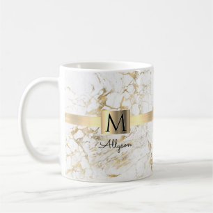 Caneca De Café Marble branco e Dourado, nome de script e monogram