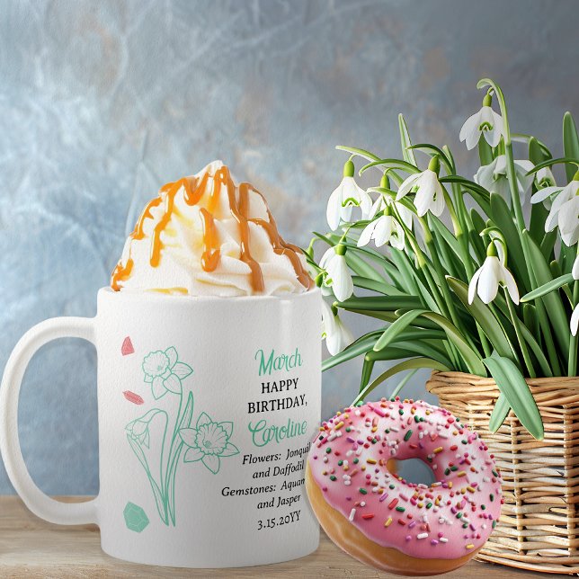 Caneca De Café March Daffodil | Aquamarine Birthday Keepsaname (March Floral and Birthstone Birthday Keepsake Coffee Mug)