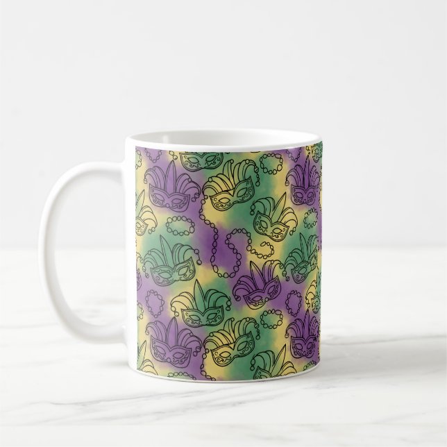 Caneca De Café Mardi Gras Masks and Beads Doodle Art Style (Esquerda)