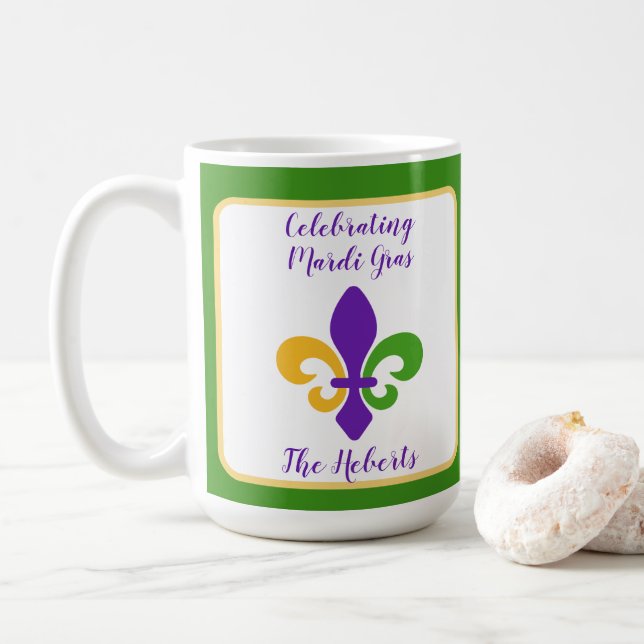 Caneca De Café Mardi Gras NAME Green Gold Purple Fleur de Lis (Com Donut)