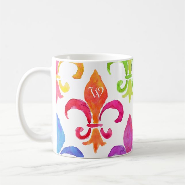 Caneca De Café Mardi Gras Rainbow Fleur de lis Monogram (Esquerda)