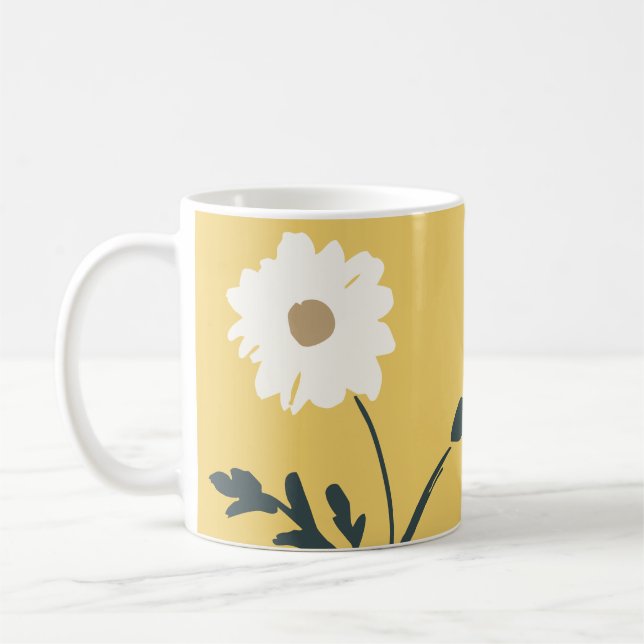 Caneca De Café Margarida Amarela e Branco & Texto Personalizado M (Esquerda)