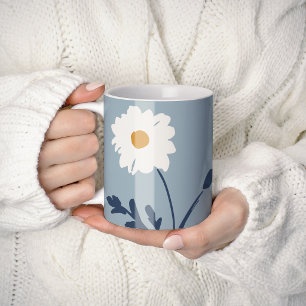 Caneca De Café Margarida Azul e Branco & Texto Personalizado Mode