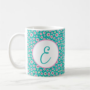 Caneca De Café Margaridas em aquarela rosa e amarelo monograma