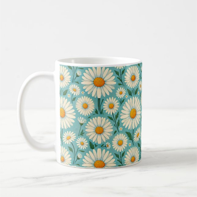 Caneca De Café Margaridas em um Fundo Azul Suave (Esquerda)