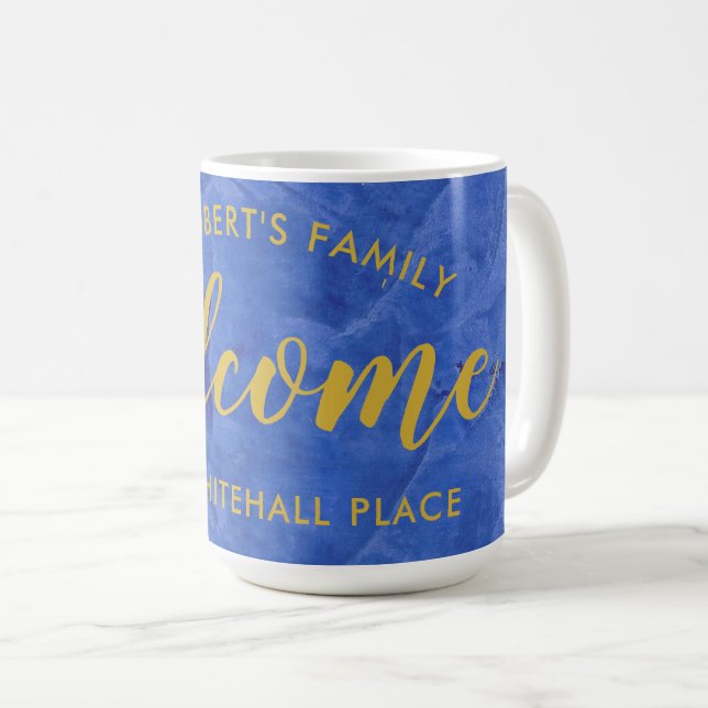 Caneca De Café Marinha Moderna e Nome e Endereço Personalizados e (Frente Esquerda)