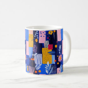 Caneca De Café Marinho Amarelo Rosa Geométrico Botânico