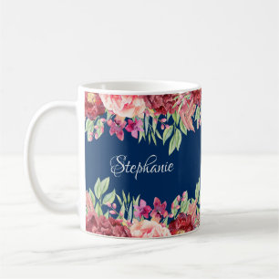 Caneca De Café Marinho Azul Borgonha Floral Nome Personalizado
