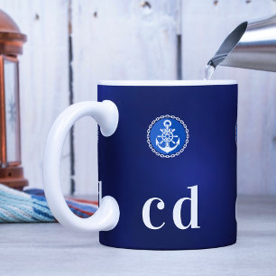 Caneca De Café Marinho azul branco monograma de embarcações náuti