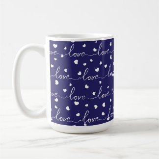 CANECA DE CAFÉ MARINHO AZUL COM AMOR BRANCO SCRIPT COM CORAÇÕES