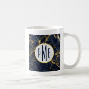 Caneca De Café Marinho Azul e Dourado Marble Modern Monograma