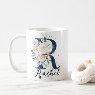 Caneca De Café Marinho Azul - Letra R Peach Cream - Monograma Flo