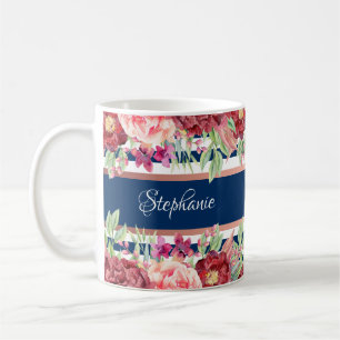 Caneca De Café Marinho Azul Stripe Borgonha Floral Nome Personali