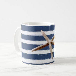 Caneca De Café Marinho Blue e White Stripes Starfish