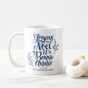 Caneca De Café Marinho Blue Joyeux Noël e Bonne Année Calliograph