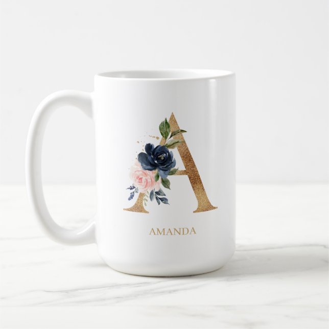 Caneca De Café Marinho Blush Floral Monograma - Letra "A" Persona (Esquerda)