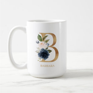 Caneca De Café Marinho Blush Floral Monograma - Letra "B" Persona
