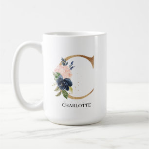 Caneca De Café Marinho Blush Floral Monograma - Letra "C" Persona