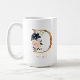 Caneca De Café Marinho Blush Floral Monograma - Letra "D" Persona