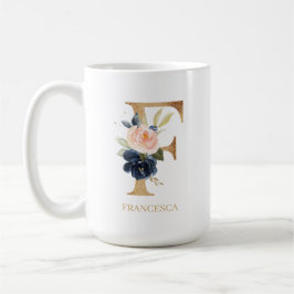 Caneca De Café Marinho Blush Floral Monograma - Letra "F" Persona
