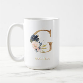 Caneca De Café Marinho Blush Floral Monograma - Letra "G" Persona
