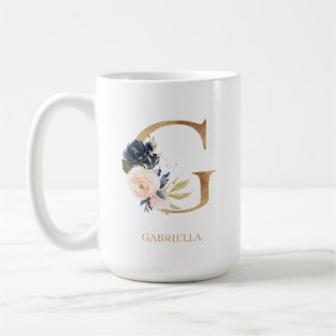 Caneca De Café Marinho Blush Floral Monograma - Letra "G" Persona
