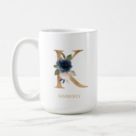 Caneca De Café Marinho Blush Floral Monograma - Letra "K" Persona